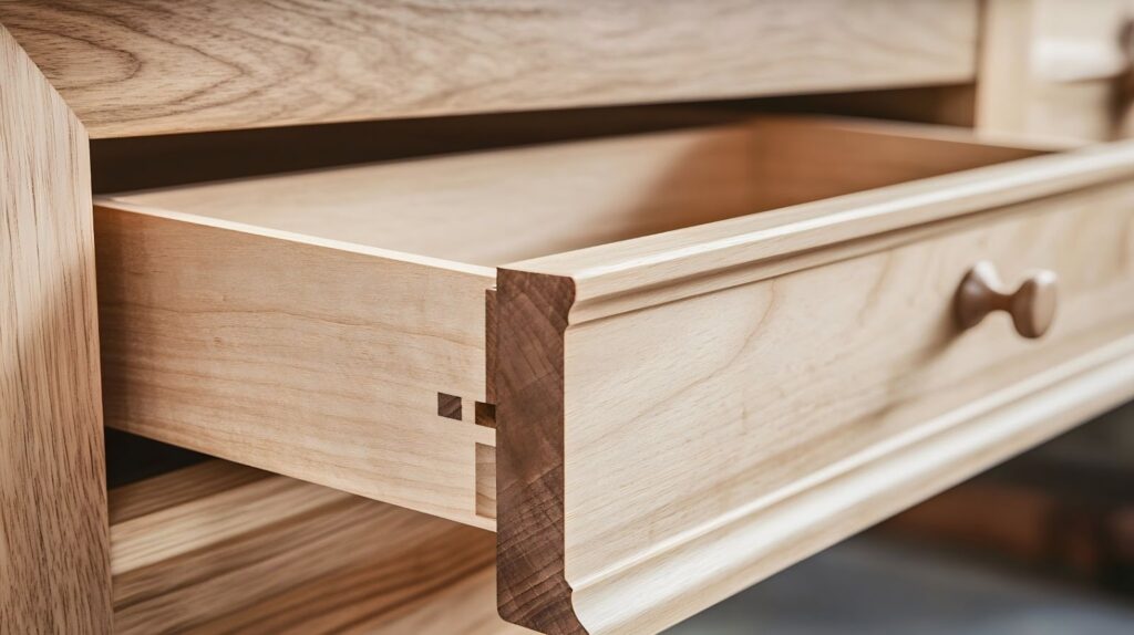 A wooden drawer with dovetail joints, showcasing high-quality craftsmanship.