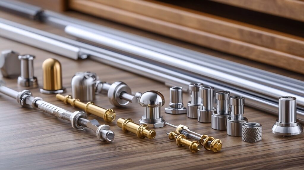 Close-up of high-quality cabinet hardware components, including drawer slides, knobs, and hinges.
