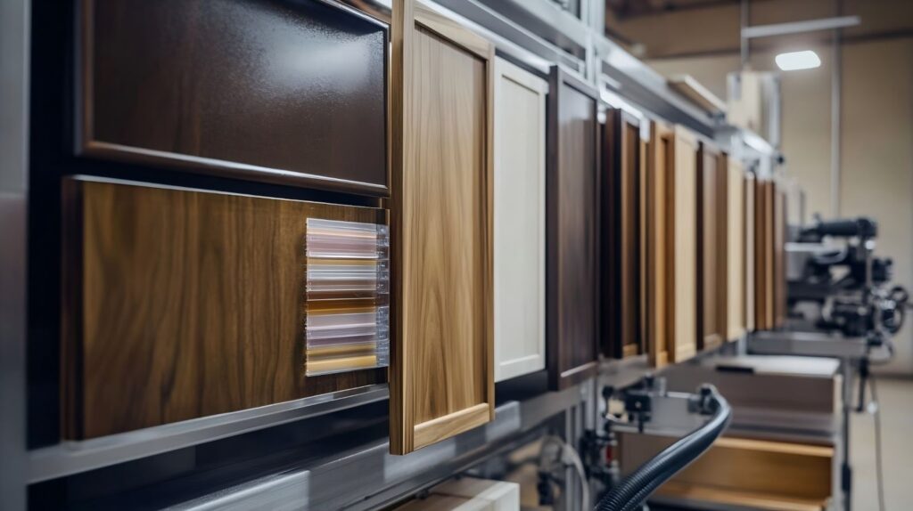 Multiple finished kitchen cabinet doors hanging in a factory finishing line.
