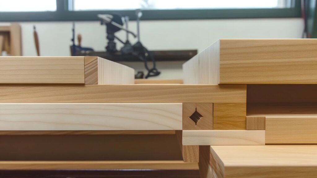 Close-up of various wood joinery methods including dovetail, dowel, mortise-and-tenon, and dado joints on light maple.
